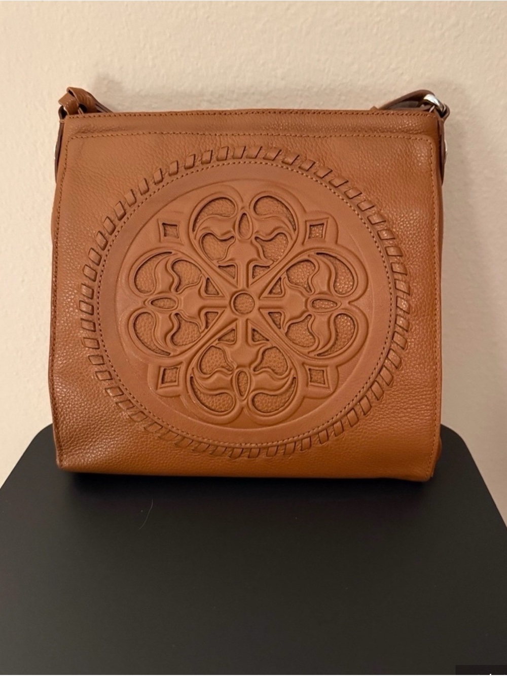 Tan Leather Crossbody with Decorative Embossed Medallion